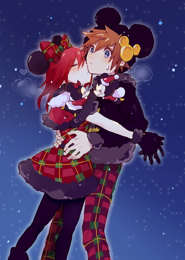 1girl animal_ears brown_hair commentary_request dress hetero hug jacket kairi_(kingdom_hearts) kingdom_hearts kingdom_hearts_ii medium_hair mickey_mouse minnie_mouse mouse_ears ramochi_(auti) red_hair short_hair sora_(kingdom_hearts)