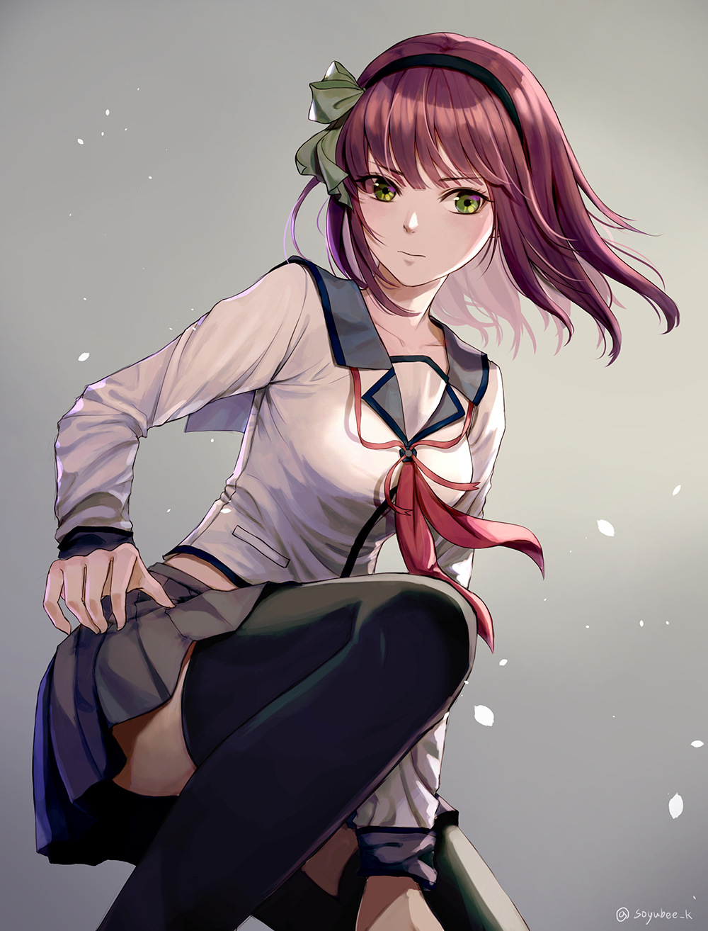 angel_beats! bangs black_legwear black_skirt blue_collar breasts commentary_request expressionless eyebrows_visible_through_hair feet_out_of_frame gradient gradient_background green_eyes green_ribbon grey_background hair_ribbon hand_on_hip highres light_particles long_sleeves looking_at_viewer medium_hair neckerchief one_knee partial_commentary pleated_skirt purple_hair red_neckwear red_ribbon ribbon school_uniform shinda_sekai_sensen_uniform shirt simple_background skirt small_breasts solo soyubee thighhighs twitter_username white_shirt yuri_(angel_beats!)