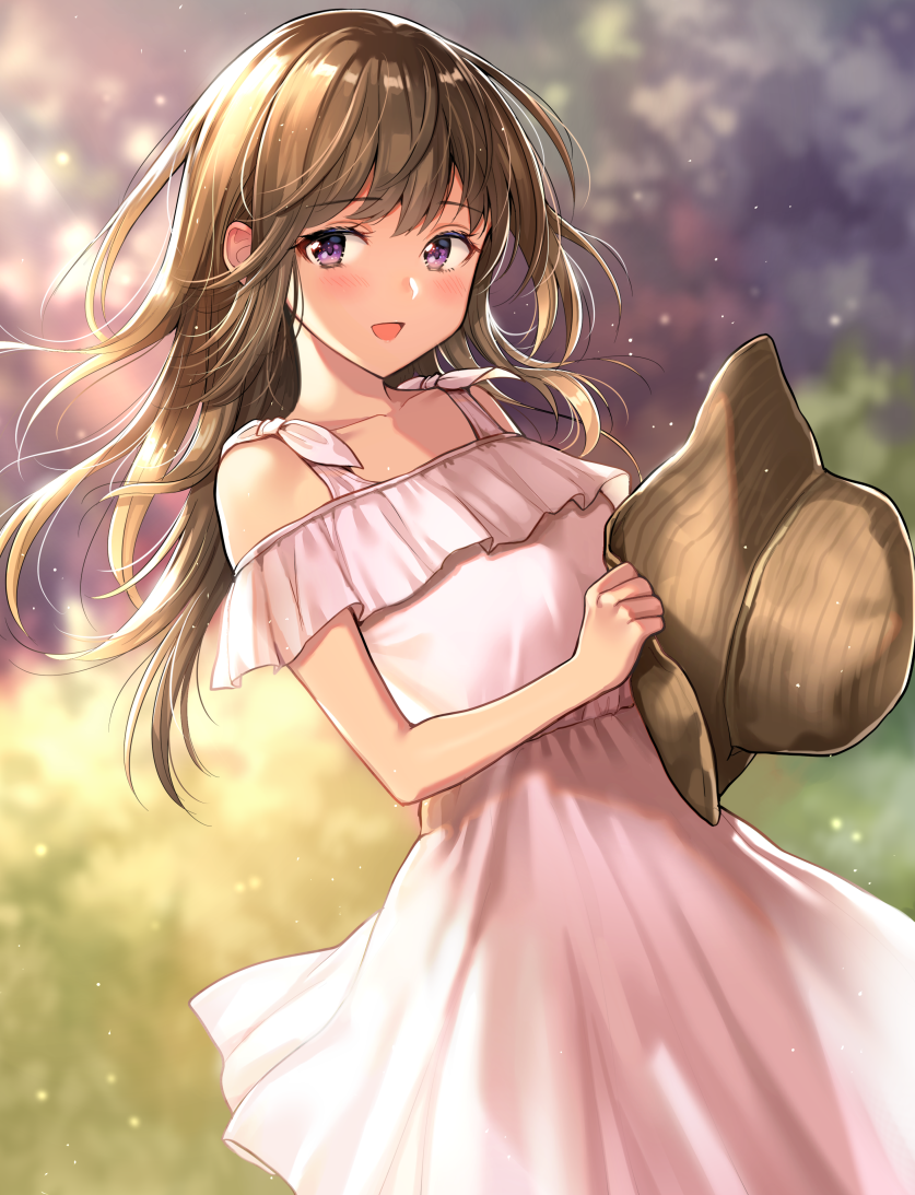 :d bangs bare_shoulders blurry blurry_background blush brown_hair brown_hat collarbone commentary_request day depth_of_field dress dutch_angle eyebrows_visible_through_hair floating_hair hair_between_eyes hat hat_removed head_tilt headwear_removed holding holding_hat light_particles long_hair looking_at_viewer nishizawa off-shoulder_dress off_shoulder open_mouth original outdoors pink_dress plant purple_eyes see-through shiny shiny_hair sidelocks silhouette smile solo standing sundress sunlight wind