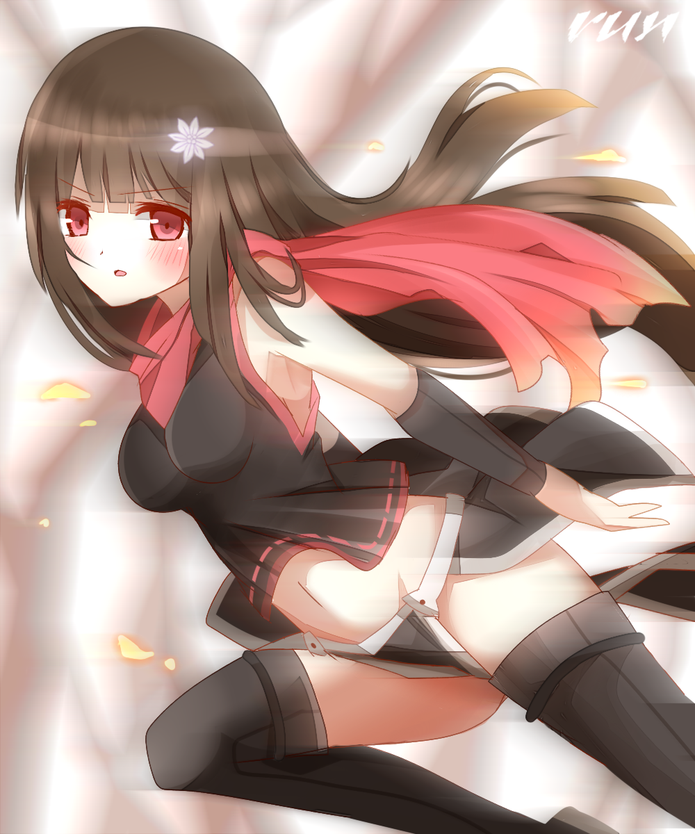 bare_shoulders black_legwear black_shirt blurry blurry_background blush breasts brown_hair commentary_request depth_of_field flower hair_flower hair_ornament highres leaning_forward long_hair looking_at_viewer looking_to_the_side medium_breasts navel ninja non_(wednesday-classic) original parted_lips pelvic_curtain red_eyes red_scarf scarf shirt sleeveless sleeveless_shirt solo standing standing_on_one_leg thighhighs v-shaped_eyebrows very_long_hair white_flower