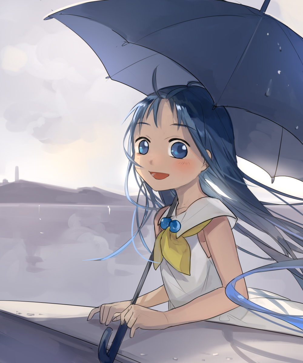 ahoge alternate_costume blue_hair blue_umbrella blush cloud cloudy_sky commentary highres holding holding_umbrella kantai_collection long_hair looking_at_viewer open_mouth picube525528 samidare_(kantai_collection) sketch sky smile solo umbrella upper_body water_drop