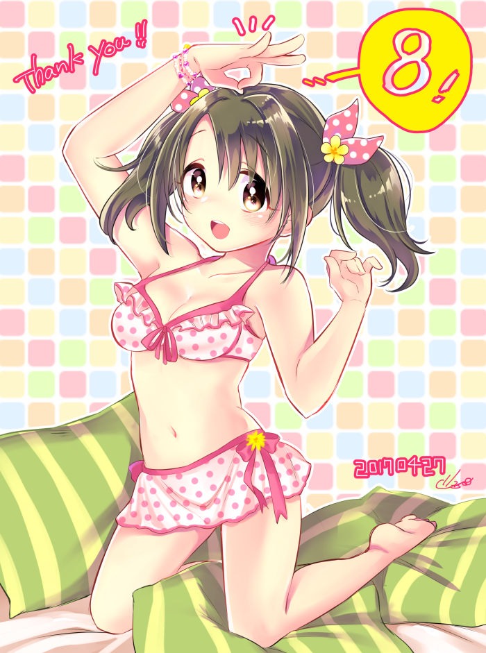 1girl arm_up bare_shoulders barefoot bead_bracelet beads bed_sheet bikini bikini_skirt blush bow bracelet breasts brown_eyes brown_hair cleavage collarbone dated flower front-tie_bikini_top front-tie_top hair_bow hair_flower hair_ornament hair_ribbon hand_up idolmaster idolmaster_cinderella_girls idolmaster_cinderella_girls_starlight_stage imai_kana jamu jewelry kneeling long_hair looking_at_viewer medium_breasts multicolored_background multiple_bracelets navel ok_sign on_bed open_mouth pillow pink_bikini pink_ribbon polka_dot polka_dot_bikini polka_dot_ribbon ribbon signature smile solo speech_bubble swimsuit teeth twintails upper_teeth_only yellow_flower