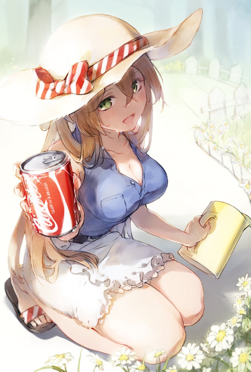 alternate_costume bangs bare_shoulders belt blue_shirt blush bow breast_pocket breasts brown_hair buttons can cleavage coca-cola collarbone collared_shirt day eyebrows_visible_through_hair fence girls_frontline giving green_eyes hair_between_eyes hair_ribbon hair_rings hat hat_bow highres holding holding_can holding_watering_can large_breasts long_hair looking_at_viewer m1903_springfield_(girls_frontline) open_mouth outdoors picket_fence pocket ribbon sandals shirt shuzi sidelocks skirt sleeveless sleeveless_shirt smile solo squatting sun_hat white_skirt wooden_fence