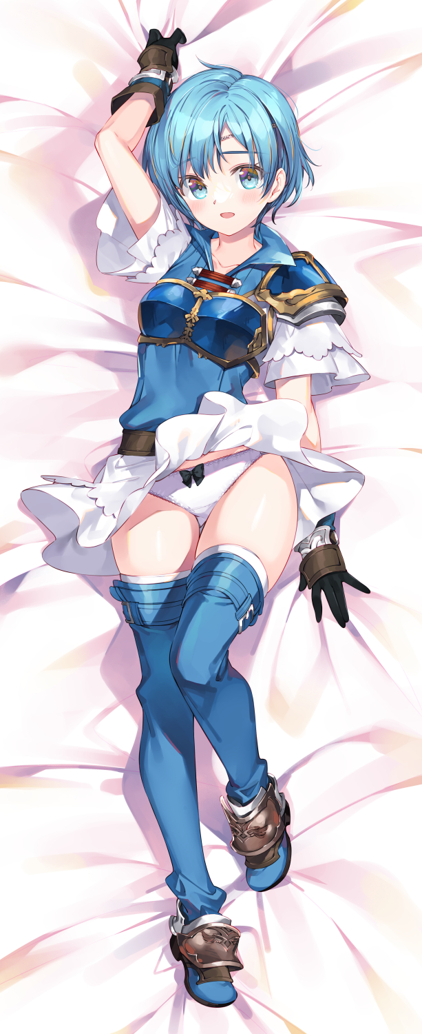 1girl armor blue_armor blue_eyes blue_hair bucchake_(asami) commission dakimakura_(medium) fire_emblem fire_emblem:_the_binding_blade full_body highres looking_at_viewer on_bed open_mouth panties pixiv_commission pov shanna_(fire_emblem) short_hair solo underwear white_panties