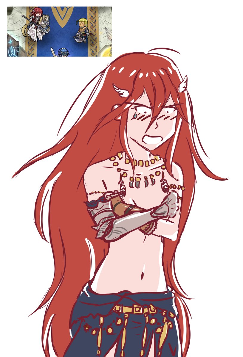 1girl blush bracelet breast_hold breasts cosplay embarrassed feathers fire_emblem fire_emblem:_kakusei fire_emblem_heroes flat_chest gauntlets hawkeye_(fire_emblem) hawkeye_(fire_emblem)_(cosplay) jewelry leg_armor long_hair necklace open_mouth red_eyes red_hair shirtless shocked shocked_eyes small_breasts sweatdrop tiamo very_long_hair