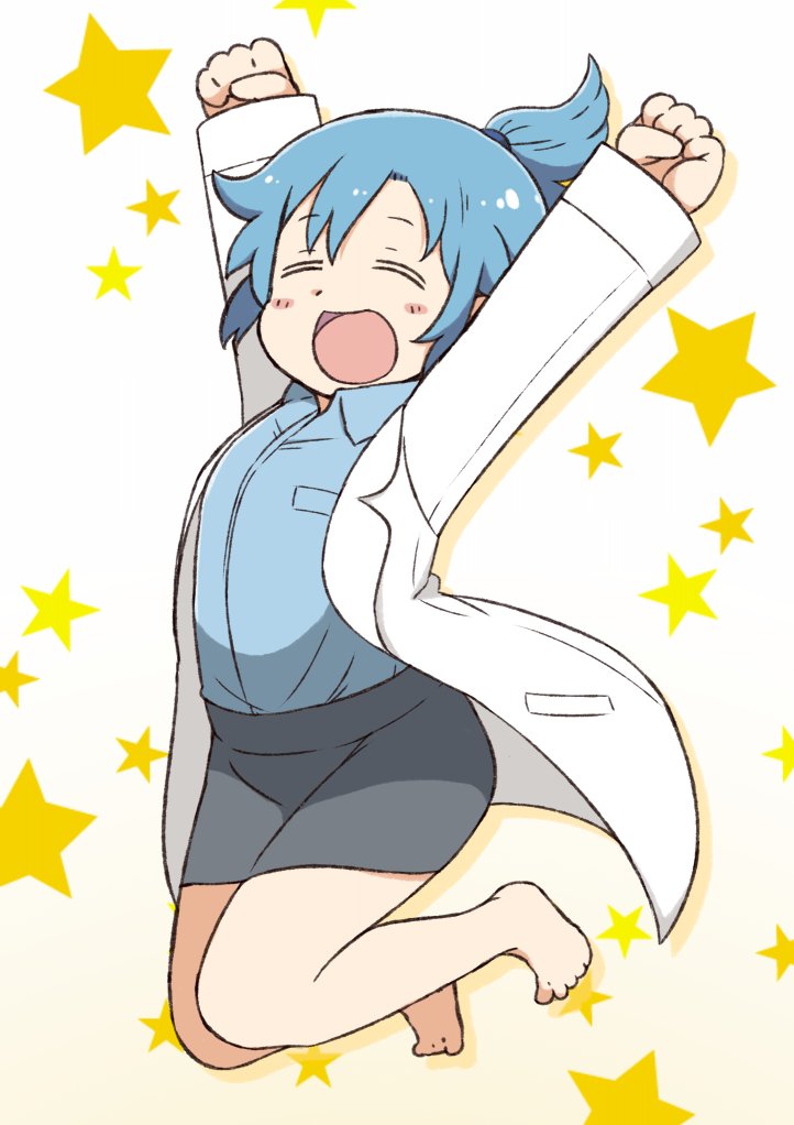 \o/ arms_up bangs barefoot black_skirt blue_hair blue_shirt blush_stickers clenched_hands closed_eyes collared_shirt commentary_request jumping labcoat long_sleeves outstretched_arms pencil_skirt ponytail shirt short_ponytail sidelocks skirt solo star starry_background tsukigi twitter twitter-san twitter-san_(character)