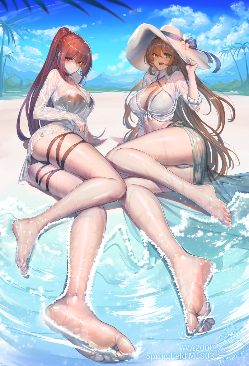 arm_support ass bangs barefoot beach bikini blue_sky blush breasts brown_hair character_name choker cleavage closed_mouth cloud collarbone commentary_request dated day eyebrows_visible_through_hair feet front-tie_top girls_frontline green_eyes hair_between_eyes hair_ribbon hair_rings half_updo hand_on_headwear hat large_breasts legs long_hair long_legs long_sleeves looking_at_viewer lying m1903_springfield_(girls_frontline) multiple_girls one-piece_swimsuit one_side_up open_mouth outdoors palm_tree ponytail purple_hair red_eyes ribbon shaded_face shiny shiny_skin shirt sidelocks signature skindentation sky smile soles suerte sun_hat swimsuit thigh_strap thighs tree very_long_hair wa2000_(girls_frontline) waves wet wet_clothes white_shirt