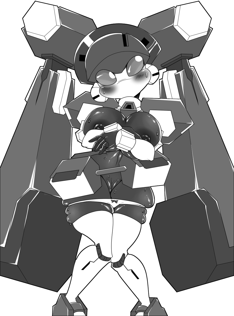 areola big_breasts blazermate blush breasts clothing covering covering_breasts dsolte female huge_breasts looking_aside machine medabots monochrome nipples not_furry panties pussy robot simple_background solo underwear white_background