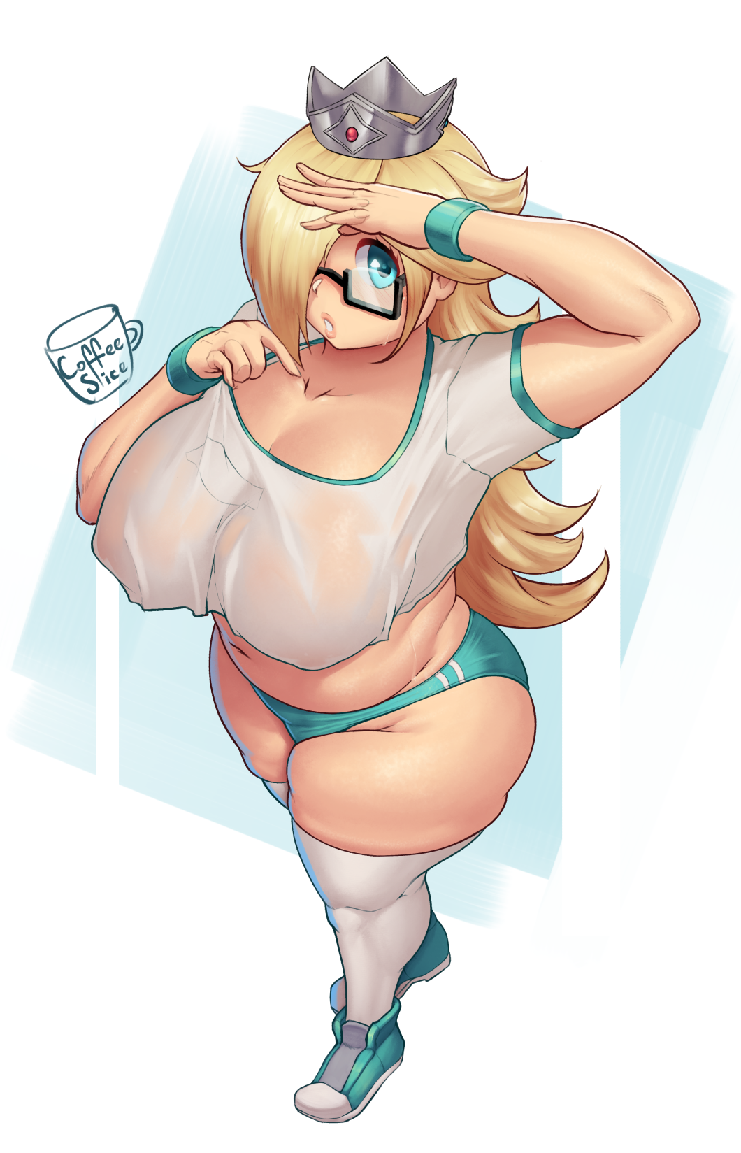 aqua_bracelet aqua_footwear artist_logo artist_name blonde_hair blue_eyes breasts coffeeslice converse crop_top cropped_shirt crown hair_over_one_eye highres large_breasts long_hair mario_(series) parted_lips plump rectangular_eyewear rosalina semi-rimless_eyewear semi-transparent shoes sneakers super_mario_galaxy thick_thighs thighhighs thighs white_background white_thighhighs