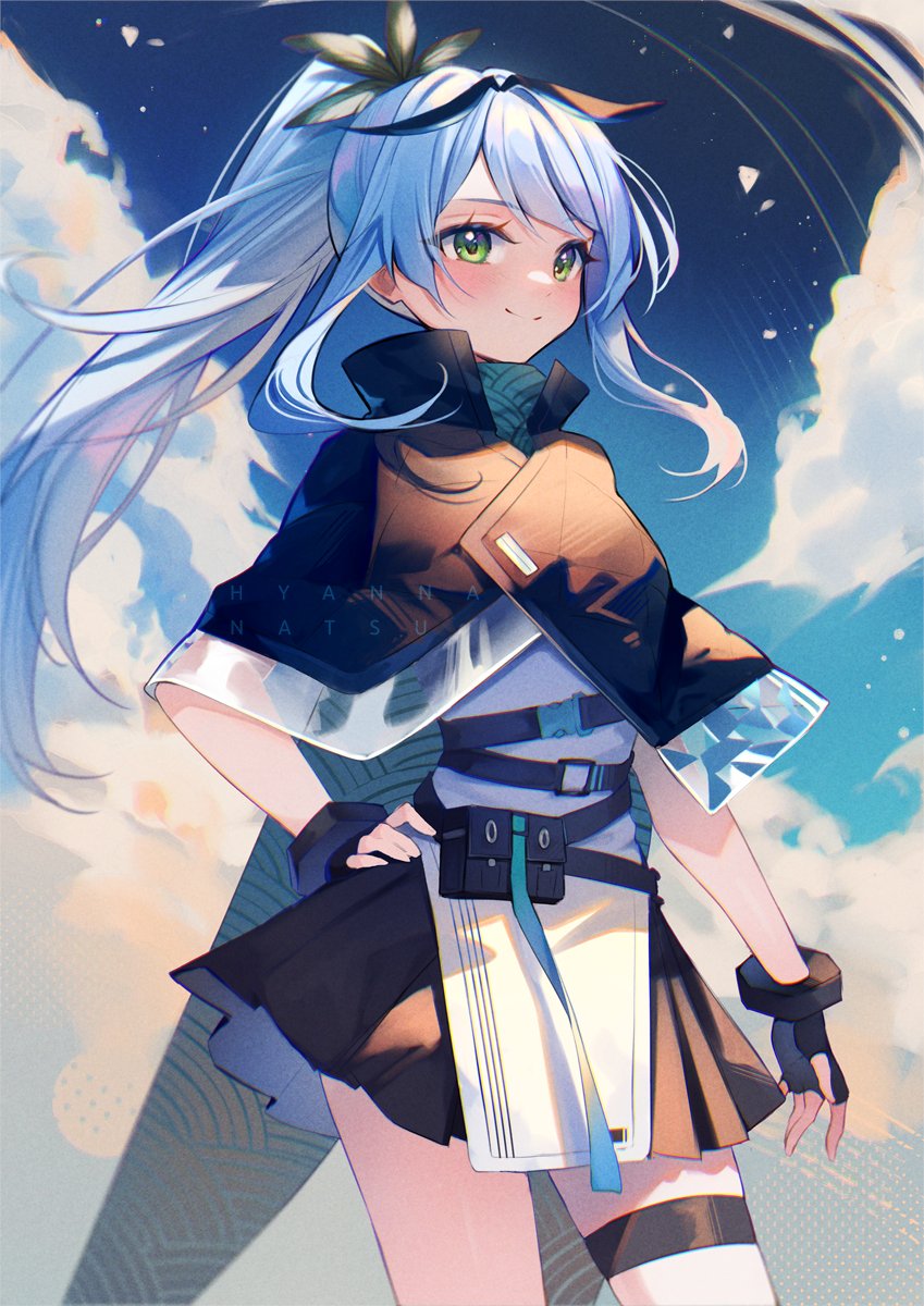 1girl black_bow black_capelet black_gloves black_skirt blue_hair blue_sky blush bow capelet closed_mouth cloud cloudy_sky collared_capelet cowboy_shot day fingerless_gloves floating_hair from_side gloves green_eyes hair_bow hand_on_own_hip highres hyanna-natsu legs_apart long_hair looking_at_viewer miniskirt original outdoors pleated_skirt ponytail shirt skirt sky smile solo thigh_strap thighs white_shirt
