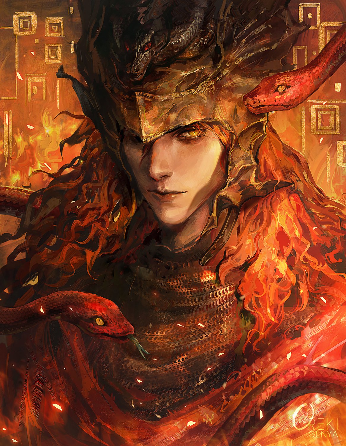 1boy armor artist_name burning chainmail dragon dragon_ornament elden_ring elden_ring:_shadow_of_the_erdtree embers fire forked_tongue helmet highres long_hair looking_at_viewer messmer_the_impaler one_eye_closed oreki_genya ornate ornate_armor red_eyes red_hair red_robe red_snake robe slit_pupils snake snake_on_shoulder solo tongue winged_helmet yellow_eyes