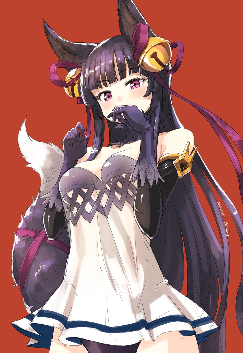 animal_ears bell black_hair commentary_request covering_mouth dated elbow_gloves erune fox_ears fox_tail gloves granblue_fantasy hair_bell hair_ornament hair_ribbon highres jingle_bell long_hair looking_at_viewer nosuku purple_eyes red_background ribbon see-through simple_background solo tail tail_ribbon twitter_username yuel_(granblue_fantasy)