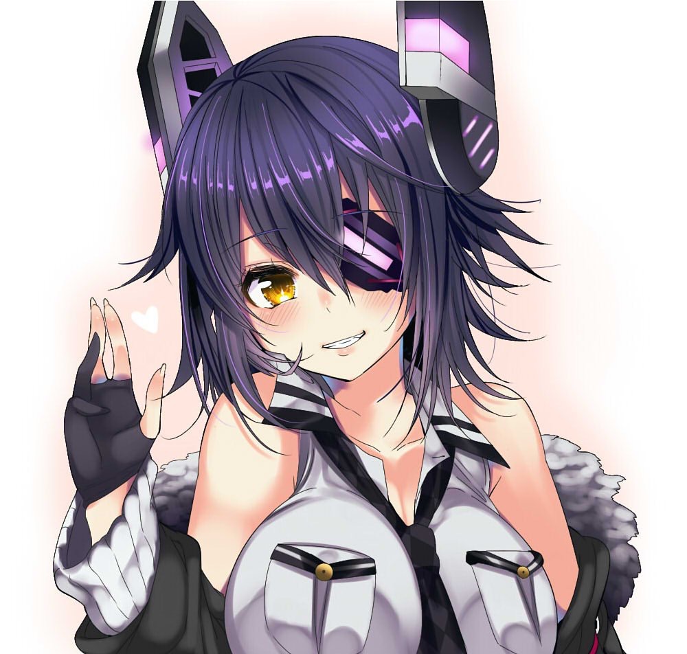 bad_id bad_pixiv_id bare_shoulders between_breasts black_gloves black_jacket blush breast_pocket breasts checkered checkered_neckwear collarbone collared_shirt eyebrows_visible_through_hair eyepatch fur-trimmed_jacket fur_trim gloves grin hair_between_eyes haruta_(806060) headgear impossible_clothes impossible_shirt jacket kantai_collection large_breasts long_sleeves looking_at_viewer necktie necktie_between_breasts off_shoulder open_clothes open_jacket partly_fingerless_gloves pocket purple_hair remodel_(kantai_collection) shirt short_hair sleeveless sleeveless_shirt smile solo tenryuu_(kantai_collection) upper_body yellow_eyes