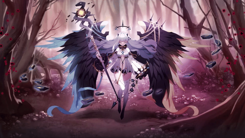 1girl animated animated_gif bare_tree black_wings eve_(eversoul) eversoul feathers floating_hair forest game_cg grey_eyes hair_ornament horns long_hair nature non-web_source official_art tree white_hair wings