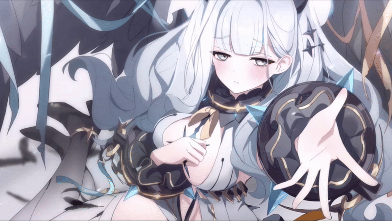1girl animated animated_gif black_wings blush eve_(eversoul) eversoul feathers game_cg grey_eyes hand_on_own_chest horns long_hair non-web_source official_art reaching reaching_towards_viewer white_hair wings