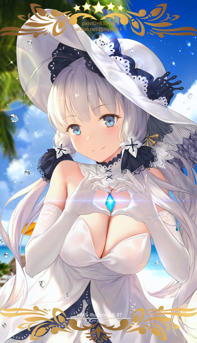 azur_lane bare_shoulders blue_eyes blue_sky blush breasts card_(medium) card_parody character_name cleavage cloud craft_essence day detached_collar dress elbow_gloves eyebrows_visible_through_hair fate/grand_order fate_(series) gloves hair_ribbon hat heart heart_hands highres illustrious_(azur_lane) large_breasts long_hair looking_at_viewer low_ponytail ocean pixiv_id ponytail ribbon sidelocks sky solo tress_ribbon watermark web_address white_dress white_gloves white_hair white_hat yijian_ma