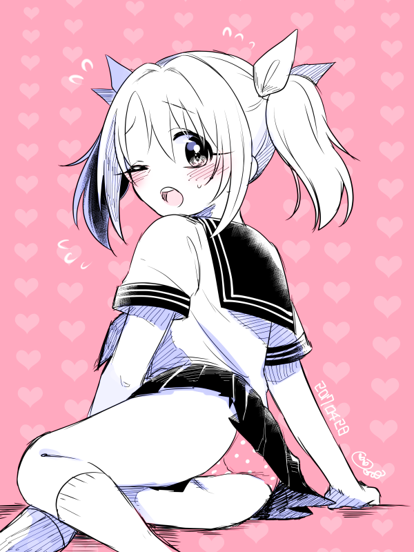 1girl arm_support ass blush bow breasts dated flying_sweatdrops from_behind greyscale greyscale_with_colored_background hair_bow hair_ribbon heart heart_background idolmaster idolmaster_cinderella_girls idolmaster_cinderella_girls_starlight_stage imai_kana jamu long_hair looking_back medium_breasts miniskirt monochrome neckerchief one_eye_closed open_mouth panties pantyshot pink_background pleated_skirt polka_dot polka_dot_panties ribbon sailor_collar school_uniform serafuku shirt short_sleeves signature sitting skirt socks solo spot_color sweatdrop teeth twintails underwear upper_teeth_only