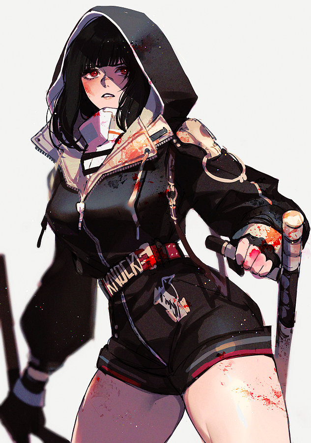 1girl belt black_gloves black_hair black_jacket black_leotard blood blood_on_clothes blood_on_face blood_on_weapon blood_stain blunt_bangs breasts commentary_request fingerless_gloves gloves grey_background hood hood_up hooded_jacket jacket k.k._(path_to_nowhere) leotard mamaloni medium_breasts path_to_nowhere red_eyes scar scar_on_face scar_on_nose shirt simple_background solo thighs tonfa weapon white_shirt zipper zipper_pull_tab