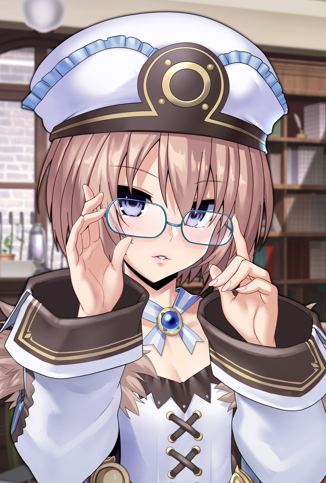 blanc blue_eyes breasts brown_hair check_artist dress eyebrows_visible_through_hair fur_trim glasses hat highres looking_at_viewer neptune_(series) nyamota short_hair small_breasts solo spaghetti_strap upper_body wide_sleeves