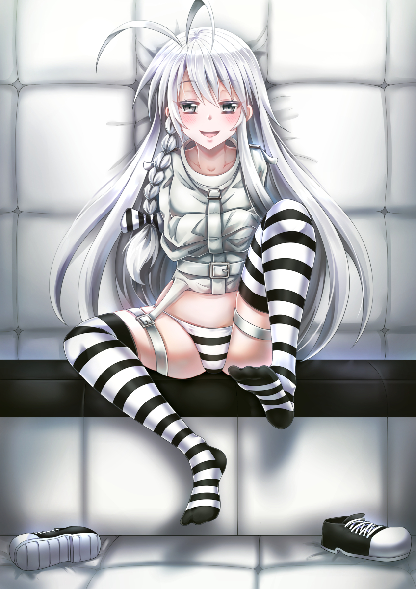 :d ahoge arkfield blush bound bound_arms braid commentary commission english_commentary eyebrows_visible_through_hair grey_eyes hair_ribbon highres huge_ahoge long_hair looking_at_viewer open_mouth original padded_walls panties ribbon shoes_removed sitting smile solo straitjacket striped striped_legwear striped_panties thighhighs underwear white_hair