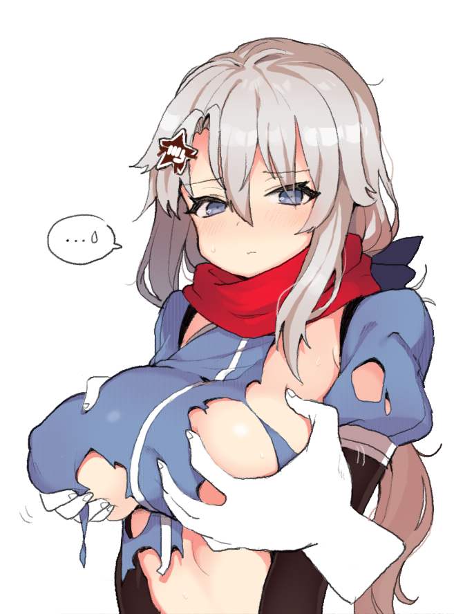 1girl 9a-91_(girls_frontline) blue_eyes blush breast_grab breasts commentary girls_frontline grabbing grabbing_from_behind grey_hair hair_between_eyes hair_ornament jorin large_breasts long_hair low_ponytail red_scarf scarf sidelocks simple_background solo_focus spoken_ellipsis spoken_sweatdrop sweat sweatdrop torn_clothes upper_body white_background