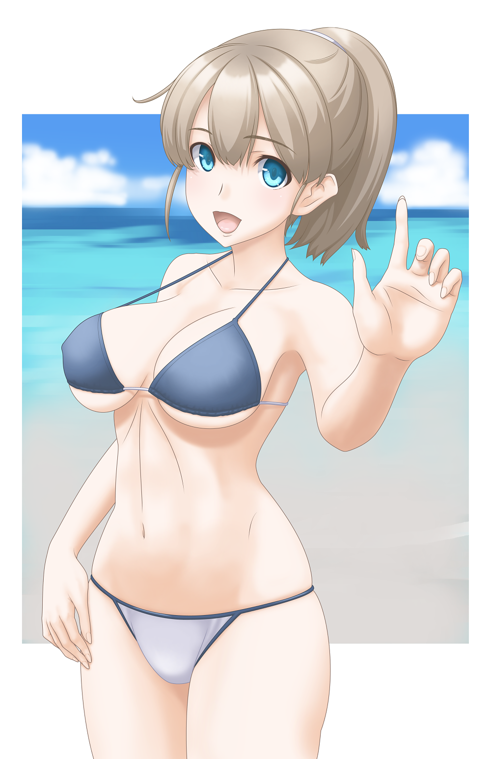 beach bikini black_bikini_top blue_eyes blue_sky blurry breasts brown_hair cloud cowboy_shot day depth_of_field foreshortening highres intrepid_(kantai_collection) kantai_collection large_breasts mismatched_bikini open_mouth ponytail short_hair sky smile solo swimsuit t2r white_bikini_bottom