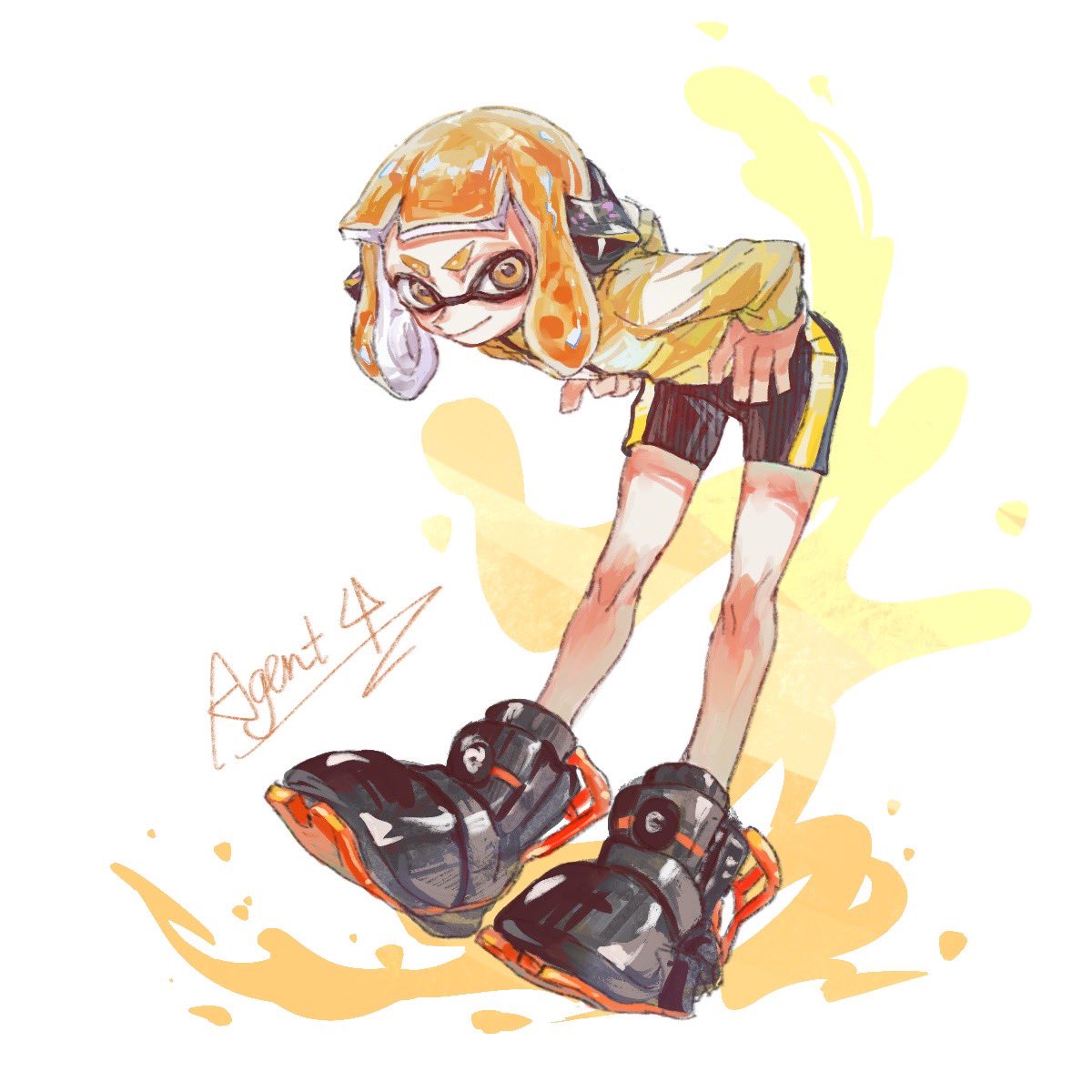 1girl agent_4_(splatoon) bike_shorts black_footwear black_shorts character_name closed_mouth full_body headgear highres inkling inkling_girl inkling_player_character large_shoes long_sleeves orange_eyes orange_hair pointy_ears shoes short_hair shorts single_vertical_stripe smile solo splatoon_(series) splatoon_2 suction_cups tentacle_hair thenintlichen96