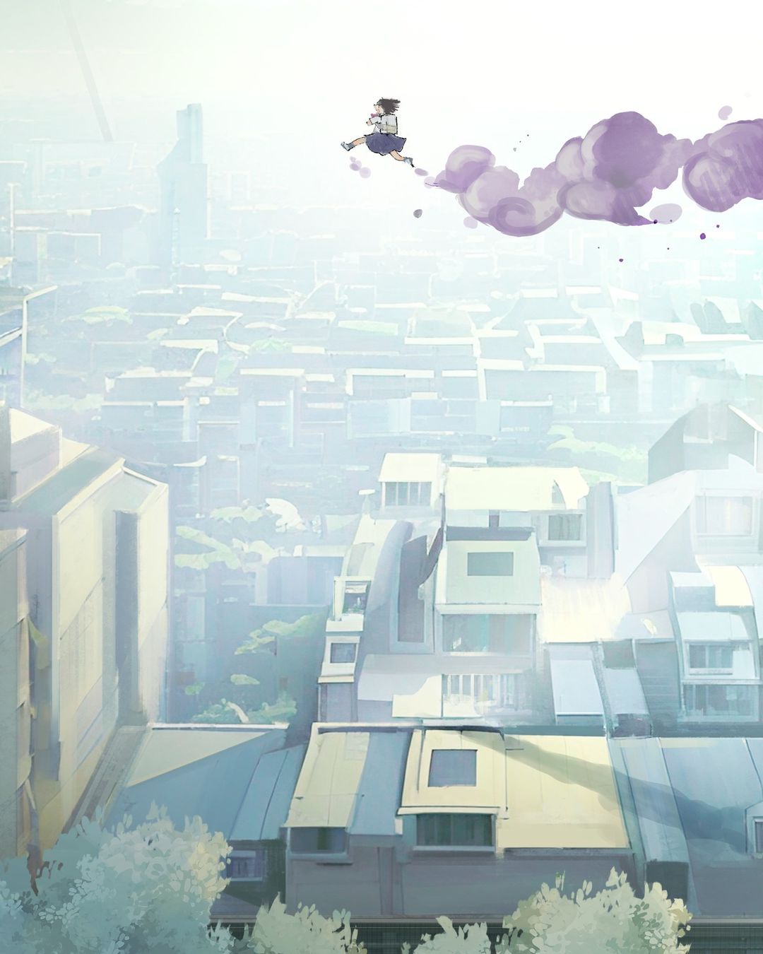 1girl choujin_x city cityscape colored_smoke day flying highres horizon house ishida_sui official_art otta_ely_(choujin_x) outdoors school_uniform smoke tower tree uniform urban