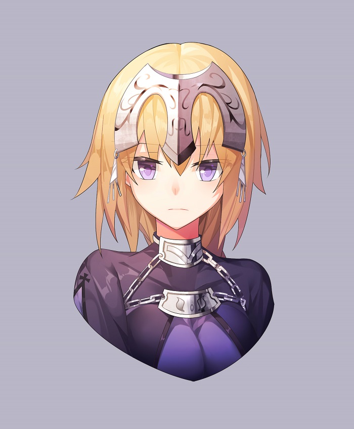 931466095 armor blonde_hair capelet chain close-up closed_mouth commentary_request face fate/apocrypha fate_(series) headpiece jeanne_d'arc_(fate) jeanne_d'arc_(fate)_(all) long_hair looking_at_viewer portrait purple_eyes simple_background solo