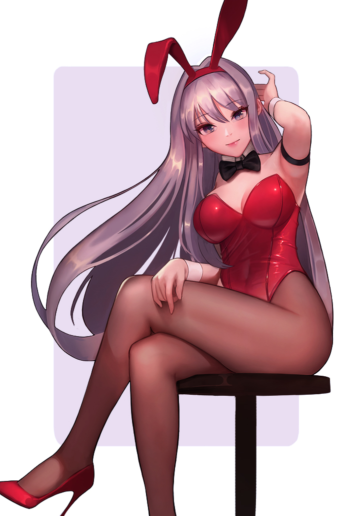animal_ears armpits black_neckwear bow bowtie breasts brown_legwear bunny_ears bunny_tail bunnysuit cleavage crossed_legs detached_collar green_eyes high_heels large_breasts leotard long_hair pantyhose pumps red_footwear red_leotard rix2118 sdorica_-sunset- shirley_(sdorica_-sunset-) silver_hair sitting solo stool strapless strapless_leotard tail wrist_cuffs