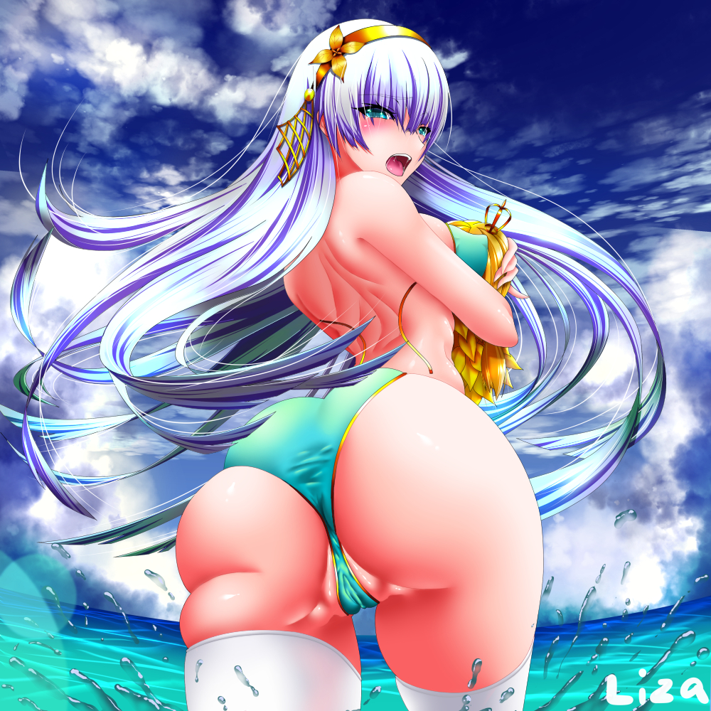 1girl anastasia_(fate/grand_order) ass bare_shoulders bikini blue_eyes blue_sky blush breasts cloud day earrings eyebrows_visible_through_hair fate/grand_order fate_(series) gluteal_fold green_bikini hair_between_eyes hair_ornament hair_over_one_eye hairband highres huge_ass jewelry liza long_hair looking_at_viewer medium_breasts open_mouth outdoors shiny shiny_hair shiny_skin side-tie_bikini sideboob silver_hair sky standing swimsuit tears thigh_gap very_long_hair wardrobe_malfunction yellow_hairband