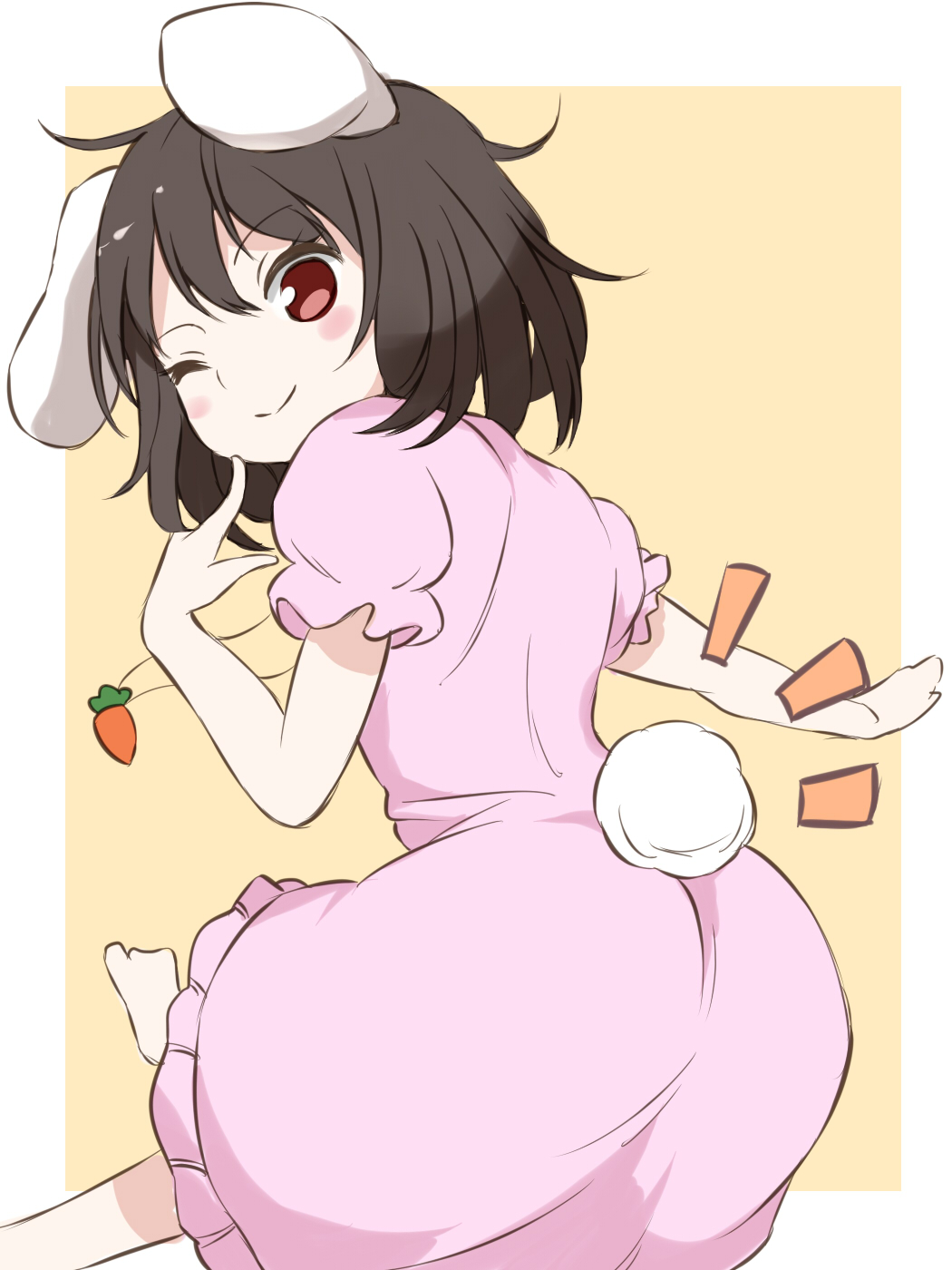 ;) animal_ears ass barefoot blush_stickers border brown_hair bunny_ears carrot_necklace commentary_request dress eyebrows_visible_through_hair feet_out_of_frame finger_to_face from_behind hair_between_eyes highres inaba_tewi index_finger_raised looking_at_viewer looking_back one_eye_closed pink_dress puffy_short_sleeves puffy_sleeves red_eyes short_hair short_sleeves simple_background smile solo techi_(techi35499) touhou white_border yellow_background