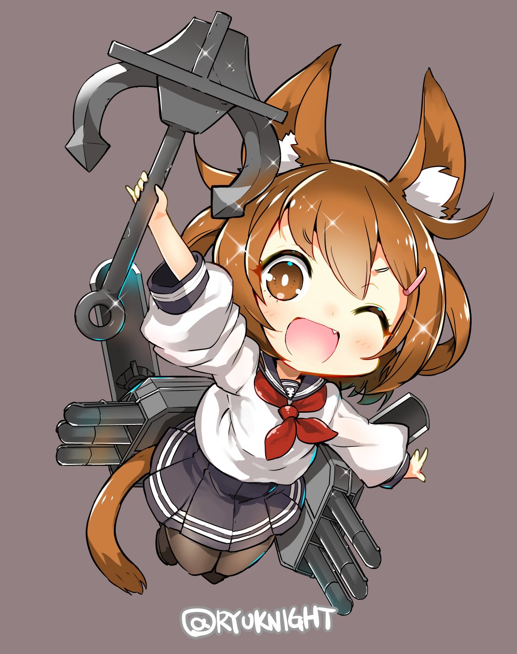 anchor animal_ears black_legwear brown_eyes brown_hair cat_ears cat_tail chibi commentary_request fang hair_ornament hairclip highres holding_anchor ikazuchi_(kantai_collection) kantai_collection kemonomimi_mode naitou_ryuu neckerchief one_eye_closed open_mouth pleated_skirt red_neckwear rigging school_uniform serafuku short_hair skirt solo tail thighhighs torpedo torpedo_tubes twitter_username white_pupils