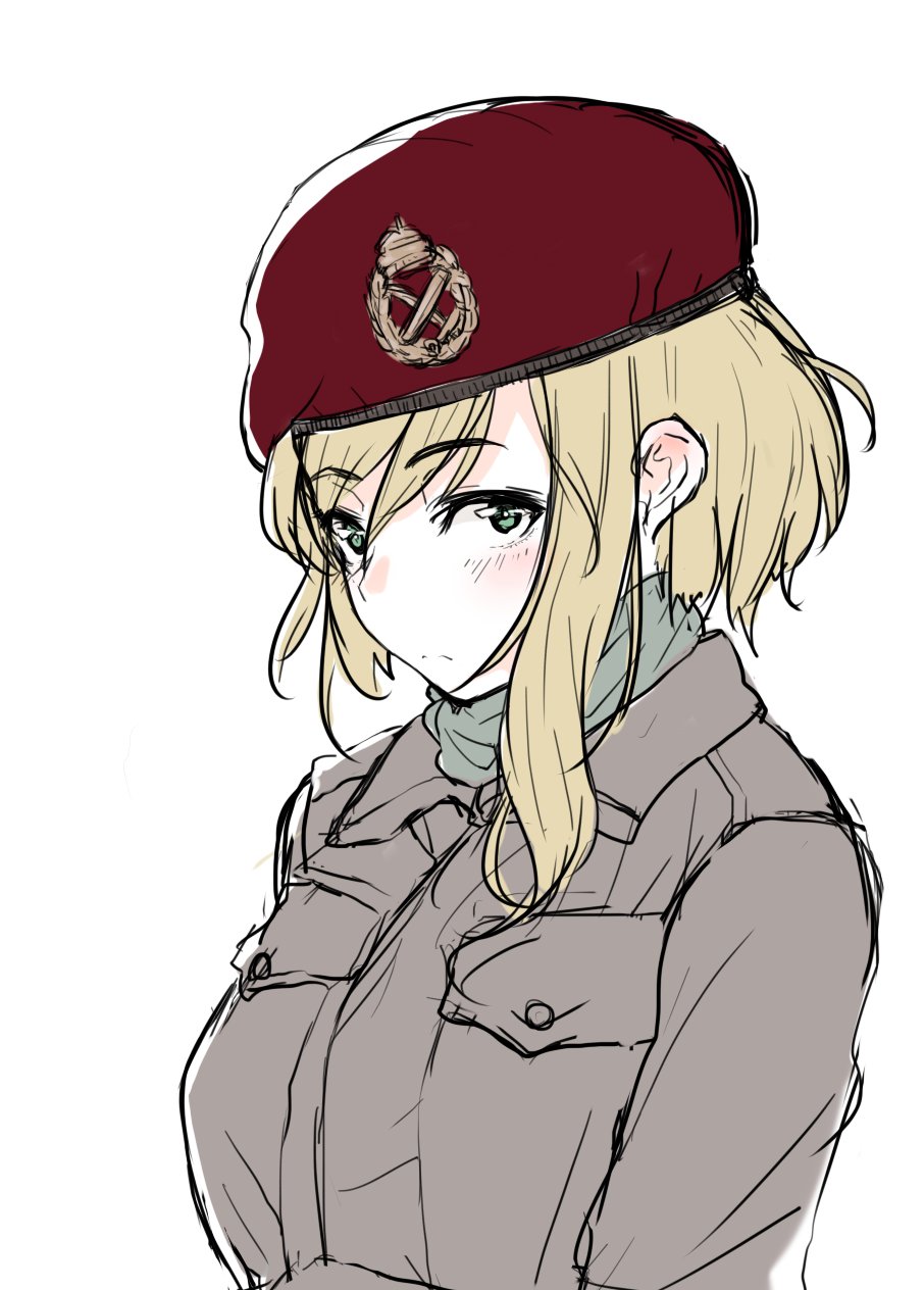 beret blonde_hair british_army character_request copyright_request ears eyebrows_visible_through_hair hat highres looking_at_viewer messy_hair military military_hat military_uniform pocket scarf shichisaburo short_hair sidelocks simple_background solo uniform white_background