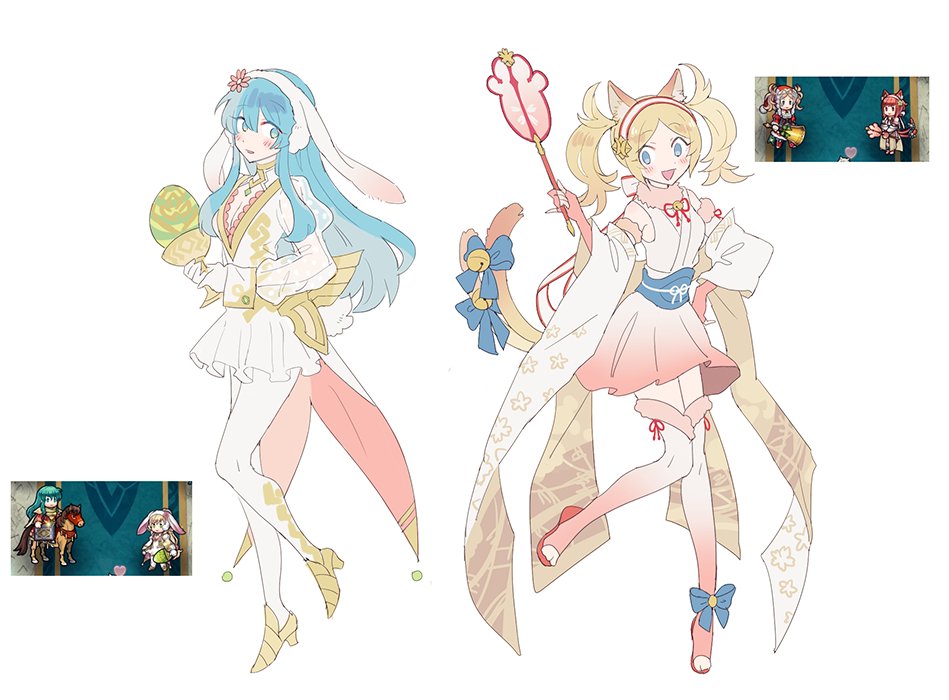 animal_ears aqua_eyes aqua_hair bell blonde_hair blue_bow blue_eyes bow breasts bunny_ears cat_ears cat_tail cleavage cleavage_cutout commentary_request cosplay cup dress easter_egg egg eirika fake_animal_ears fake_tail fingerless_gloves fire_emblem fire_emblem:_kakusei fire_emblem:_seima_no_kouseki fire_emblem_heroes fire_emblem_if flower fur_trim gloves hair_flower hair_ornament hairband high_heels japanese_clothes leg_up liz_(fire_emblem) long_hair long_sleeves multiple_girls noii open_mouth open_toe_shoes pink_gloves sakura_(fire_emblem_if) sakura_(fire_emblem_if)_(cosplay) sharena sharena_(cosplay) simple_background sleeveless tail thighhighs twintails white_background white_gloves zettai_ryouiki