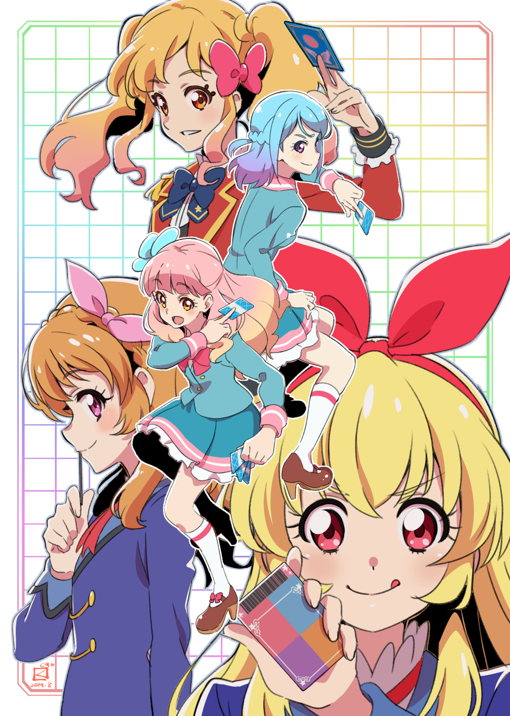 5girls :q aikatsu! aikatsu!_(series) aikatsu_friends! aikatsu_stars! blonde_hair blue_hair bow bowtie card epaulettes gradient_hair hairband highres holding holding_card hoshimiya_ichigo looking_at_viewer minato_mio miyahara_takuya multicolored_hair multiple_girls nijino_yume orange_eyes orange_hair ozora_akari pink_eyes pink_hair purple_eyes red_eyes s4_uniform school_uniform skirt smile star_harmony_academy_school_uniform starlight_academy_school_uniform tongue tongue_out twintails two-tone_hair yuki_aine