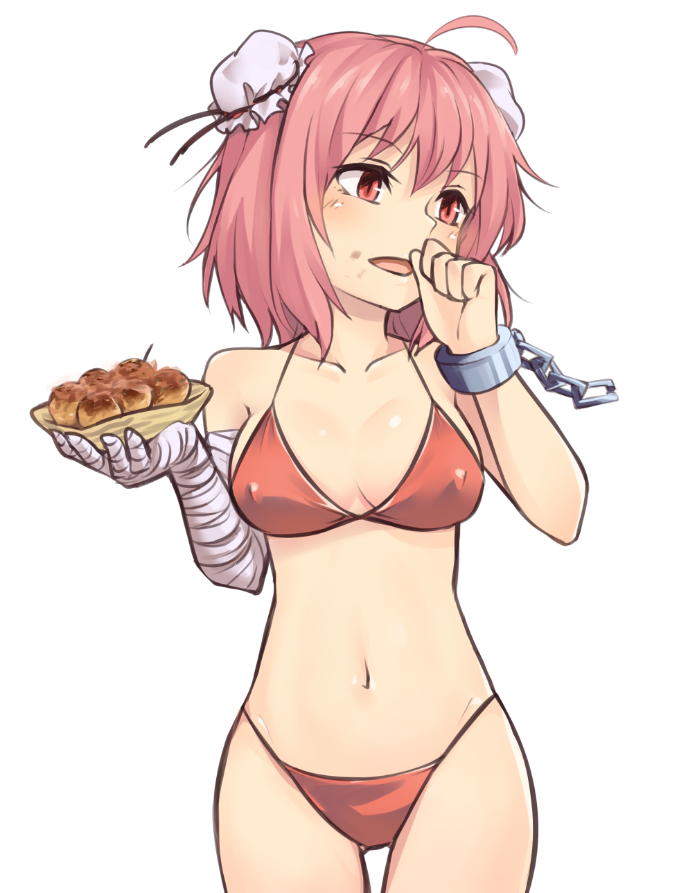 ahoge bandaged_arm bandages bare_arms bare_shoulders bikini blush breasts bun_cover chain clenched_hand collarbone commentary_request cowboy_shot cuffs dango double_bun eyebrows_visible_through_hair food hair_between_eyes hands_up highleg highleg_bikini highres holding holding_food ibaraki_kasen medium_breasts mitarashi_dango miyo_(ranthath) navel open_mouth pink_eyes pink_hair red_bikini shackles shiny shiny_skin short_hair simple_background smile solo standing stomach swimsuit thighs touhou wagashi white_background