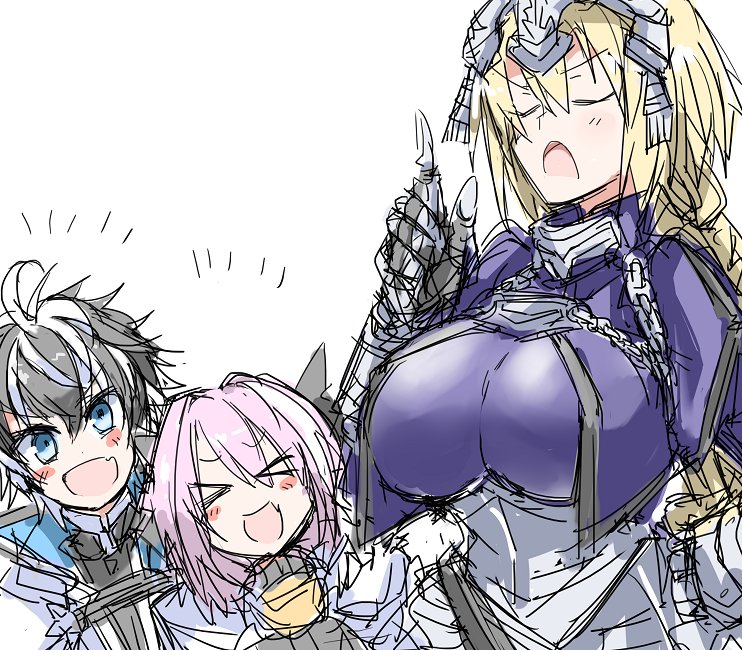 &gt;_&lt; 1girl 2boys arm_up armor armored_dress artist_request astolfo_(fate) bangs belt belt_buckle black_ribbon black_shirt blonde_hair blue_cloak blue_dress blue_eyes bow braid breasts bridal_gauntlets buckle cape capelet chains charlemagne_(fate) cloak dress eyebrows_visible_through_hair eyes_closed fate/extella fate/extella_link fate/extra fate_(series) gauntlets gloves grey_hair hair_between_eyes hair_bow hair_intakes hair_ornament hair_ribbon headpiece high_collar jeanne_d'arc_(fate) jeanne_d'arc_(fate)_(all) large_breasts long_hair multicolored_hair multiple_boys open_mouth pauldrons pink_hair ribbon shiny shiny_hair shirt simple_background single_braid smile source_request spiked_hair standing streaked_hair trap two-tone_hair white_cape white_cloak white_hair white_shirt