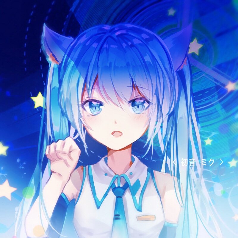 animal_ears blue_eyes blue_hair blue_neckwear cat_ears character_name detached_sleeves eyebrows_visible_through_hair hair_between_eyes hatsune_miku long_hair looking_at_viewer necktie nmi_(pixiv22137230) open_mouth shirt sleeveless sleeveless_shirt solo star twintails upper_body vocaloid white_shirt