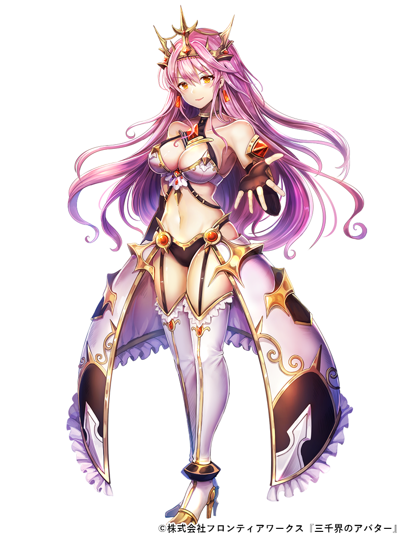 arm_at_side bare_shoulders boots breasts brown_eyes brown_gloves collarbone earrings fingerless_gloves full_body garter_straps gloves groin high_heel_boots high_heels jewelry knee_boots long_hair medium_breasts midriff navel official_art outstretched_hand purple_hair rudia sanzenkai_no_avatar skirt smile solo standing thighhighs tiara very_long_hair white_legwear white_skirt