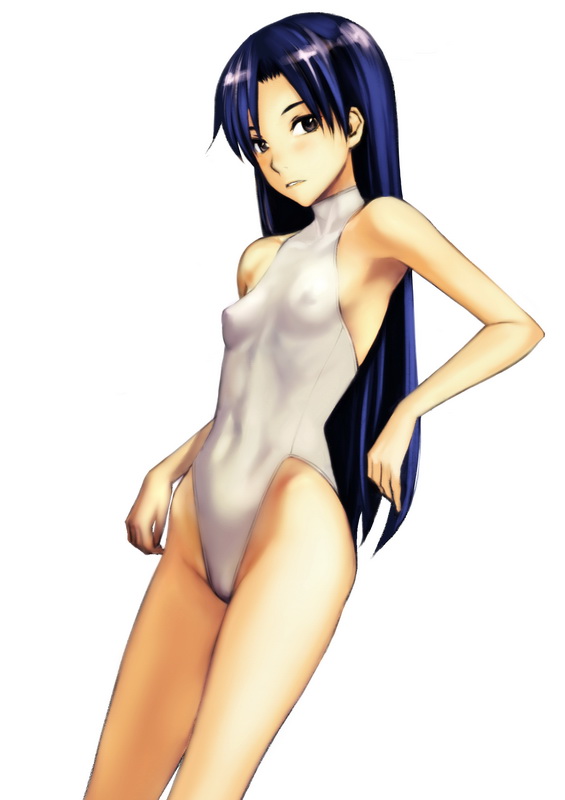 blue_hair breasts brown_eyes covered_nipples cowboy_shot highleg highleg_swimsuit idolmaster idolmaster_(classic) kisaragi_chihaya long_hair looking_at_viewer one-piece_swimsuit simple_background small_breasts solo swimsuit takano_masayuki turtleneck white_background white_swimsuit
