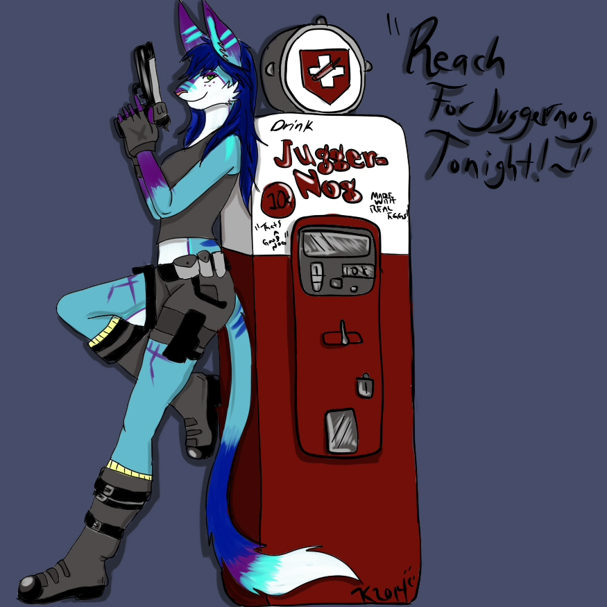 anthro call_of_duty clothing cod_zombies english_text green_eyes gun hair juggernog mammal perk_a_cola ranged_weapon smile text torrentkitcopper weapon