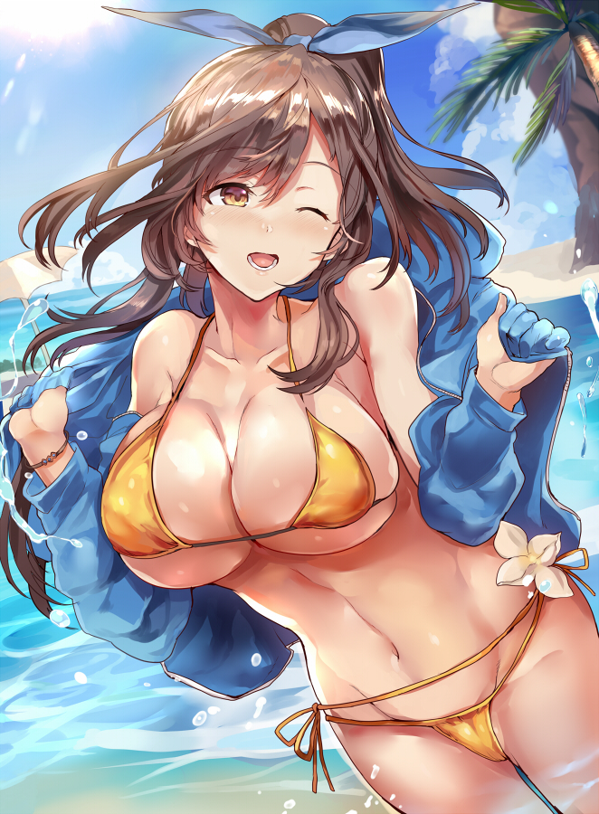 bangs beach bikini blue_jacket bow breasts brown_eyes brown_hair cleavage cloud cloudy_sky collarbone commentary_request cowboy_shot day dutch_angle eyebrows_visible_through_hair hair_bow himuro_(dobu_no_hotori) idolmaster idolmaster_shiny_colors jacket large_breasts long_hair looking_at_viewer md5_mismatch micro_bikini navel ocean open_mouth orange_bikini outdoors ribbon seaside side-tie_bikini sky solo swimsuit tsukioka_kogane