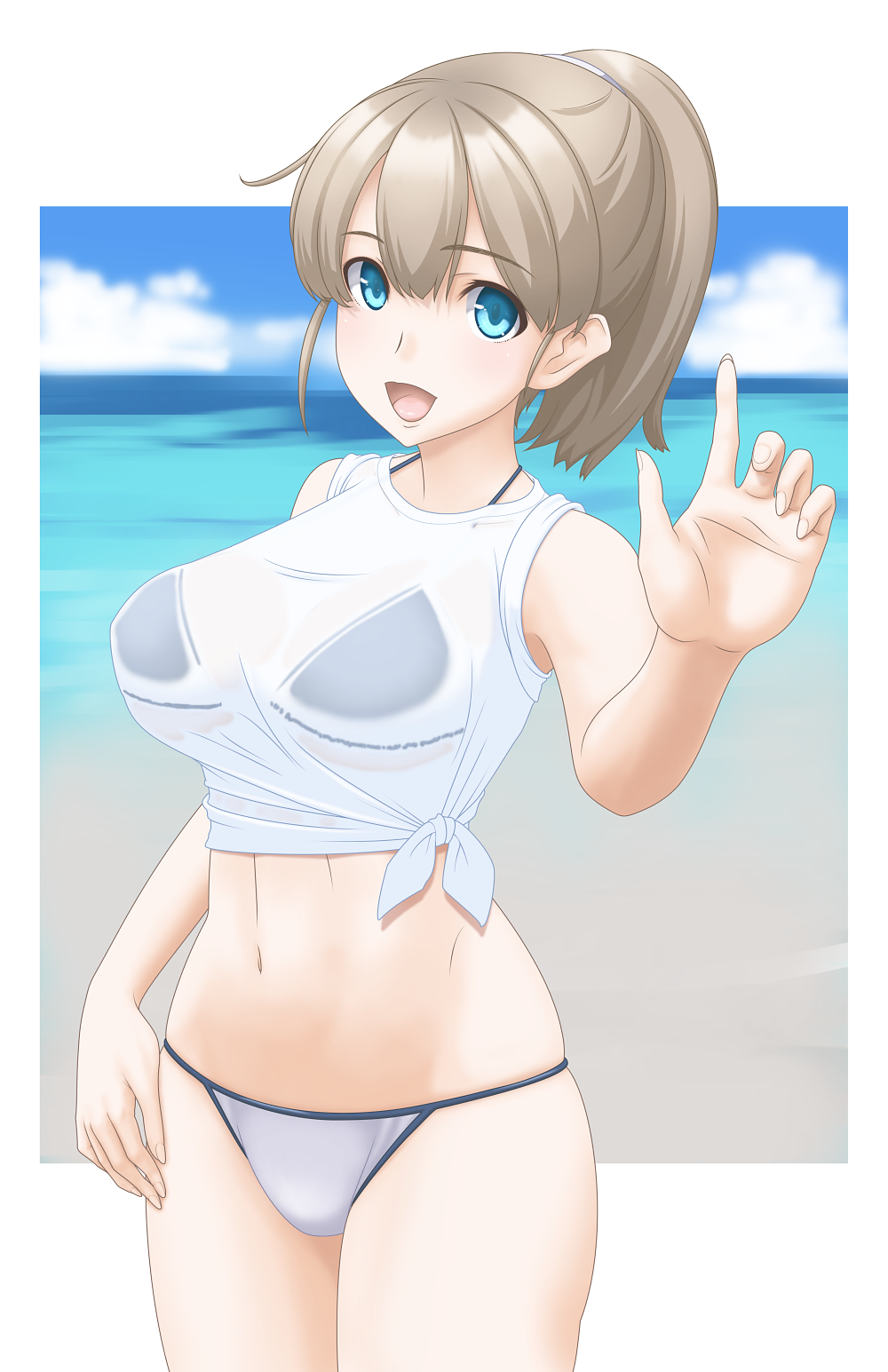 beach bikini black_bikini_top blue_eyes blue_sky blurry breasts brown_hair cloud cowboy_shot day depth_of_field foreshortening highres intrepid_(kantai_collection) kantai_collection large_breasts mismatched_bikini open_mouth ponytail shirt short_hair sky sleeves_rolled_up smile solo swimsuit t2r wet wet_clothes wet_shirt wet_t-shirt white_bikini_bottom white_shirt