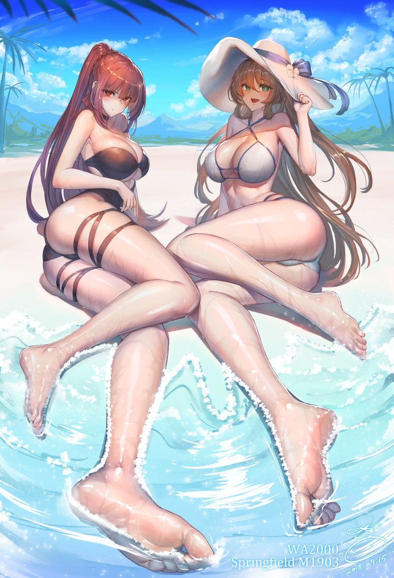 arm_support ass bangs barefoot beach bikini blue_sky blush breasts brown_hair character_name choker cleavage closed_mouth cloud collarbone dated day eyebrows_visible_through_hair feet girls_frontline green_eyes hair_between_eyes hair_ribbon hair_rings half_updo hand_on_headwear hat large_breasts legs long_hair long_legs long_sleeves looking_at_viewer lying m1903_springfield_(girls_frontline) multiple_girls one-piece_swimsuit one_side_up open_mouth outdoors palm_tree ponytail purple_hair red_eyes ribbon shaded_face shiny shiny_skin sidelocks signature skindentation sky smile soles suerte sun_hat swimsuit thigh_strap thighs tree very_long_hair wa2000_(girls_frontline) waves wet wet_clothes