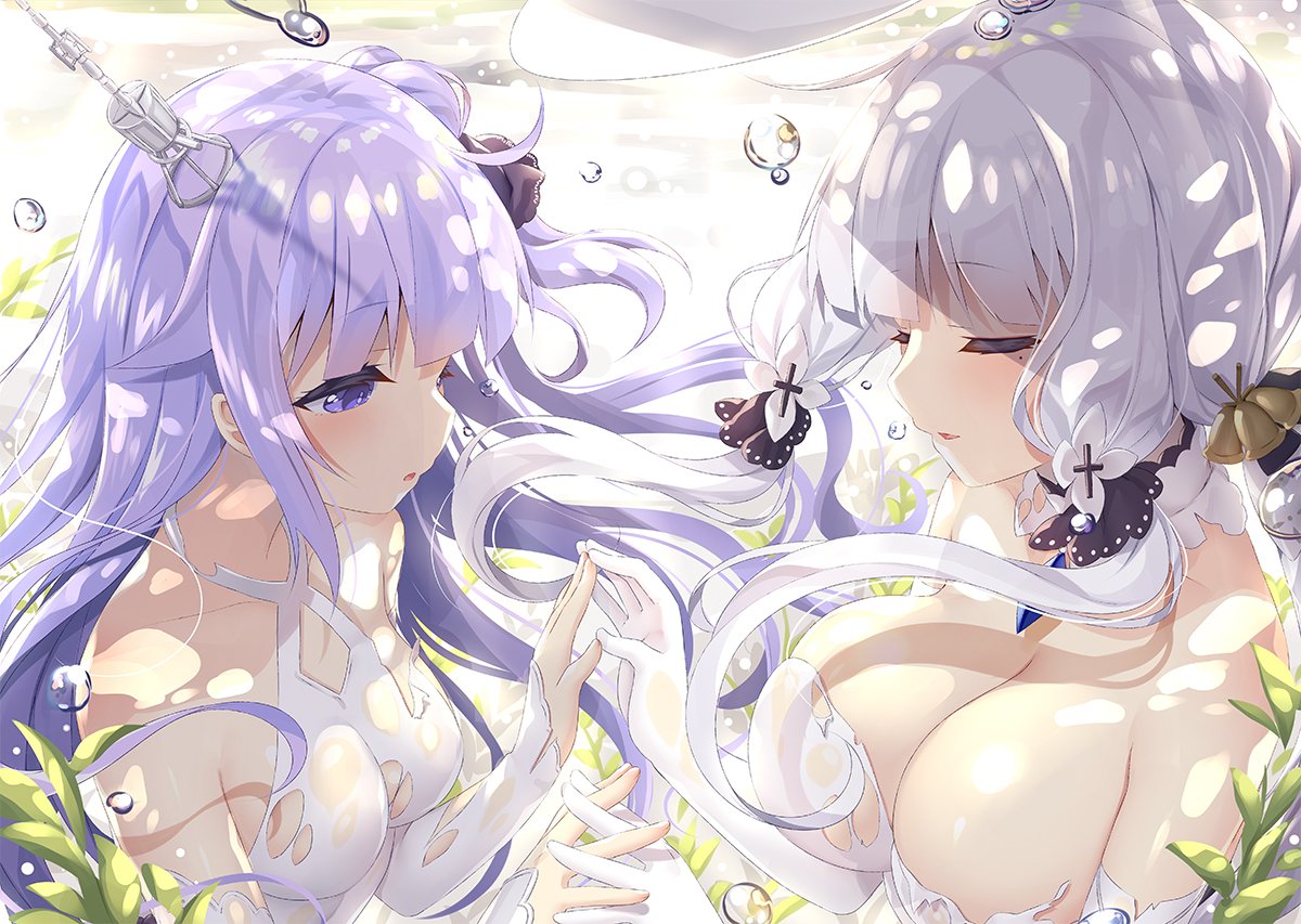 ahoge air_bubble azur_lane bangs bare_shoulders bell black_ribbon blush breasts bubble cleavage closed_eyes collarbone commentary detached_sleeves dress elbow_gloves eyebrows_visible_through_hair from_side gloves hair_bell hair_bun hair_ornament hair_ribbon halterneck hands_up hat hat_removed headwear_removed illustrious_(azur_lane) interlocked_fingers large_breasts long_hair long_sleeves mole mole_under_eye multiple_girls parted_lips purple_eyes purple_hair ribbon side_bun silver_hair sleeves_past_wrists small_breasts strapless strapless_dress torn_clothes torn_dress underwater unicorn_(azur_lane) very_long_hair water white_dress white_gloves white_hat yano_mitsuki