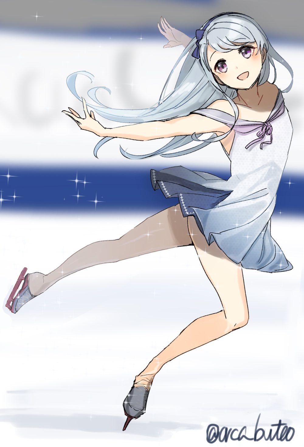 adapted_costume asymmetrical_bangs bangs bare_shoulders blurry depth_of_field dress hairband highres ice_skates ice_skating kantai_collection long_hair off_shoulder open_mouth outstretched_arms pose purple_eyes sagiri_(kantai_collection) silver_hair skates skating smile solo swept_bangs twitter_username yamashiki_(orca_buteo)
