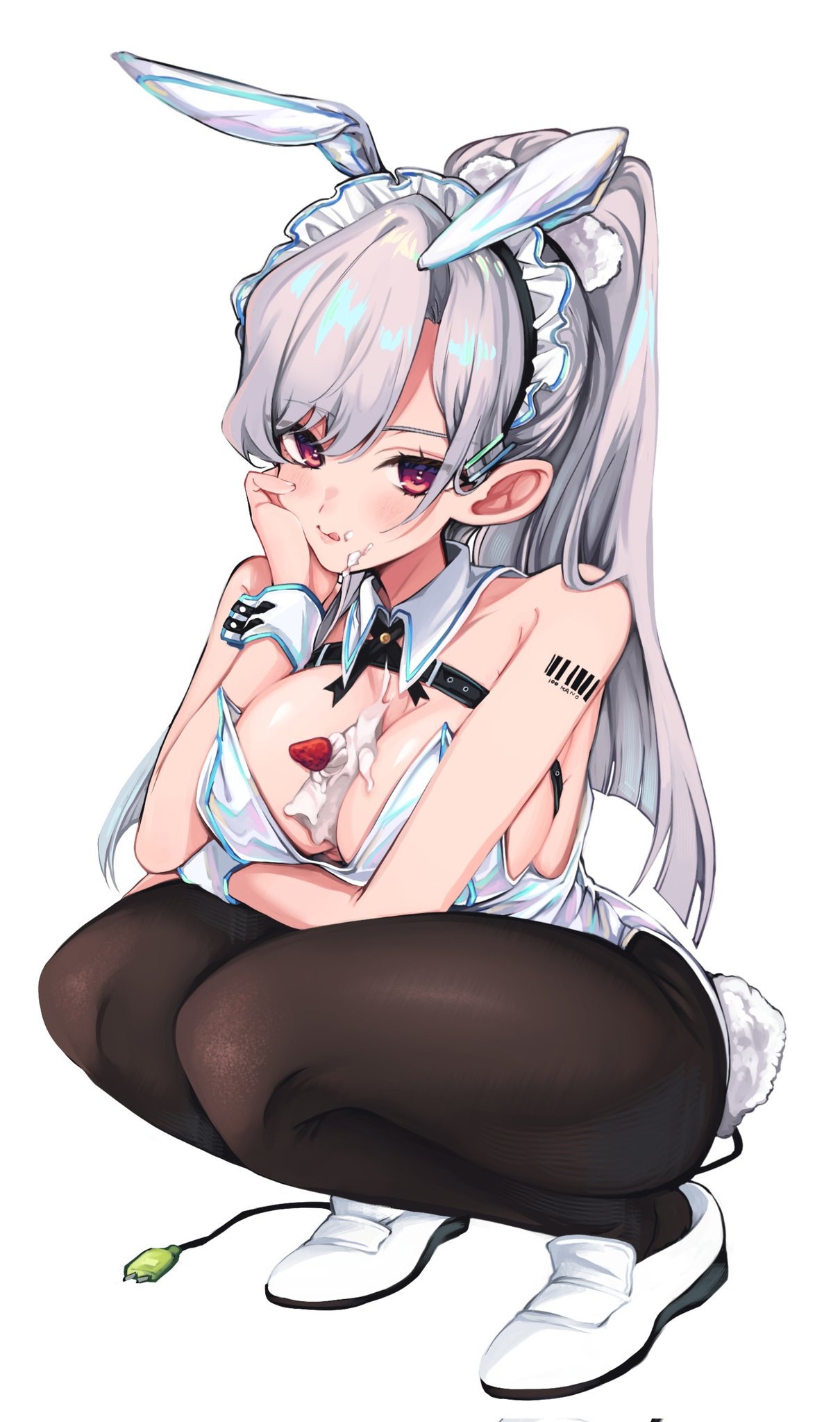 1girl :q alternate_costume animal_ears barcode barcode_tattoo breast_rest breasts cream cream_on_body cream_on_face detached_collar eiai_nano fake_animal_ears fake_tail food food_on_face fruit full_body grey_hair hair_between_eyes highleg highleg_leotard highres kimi_no_koto_ga_dai_dai_dai_dai_daisuki_na_100-nin_no_kanojo kngu0511 large_breasts leotard long_hair looking_at_viewer pantyhose parted_bangs playboy_bunny plug rabbit_tail red_eyes simple_background solo squatting strapless strapless_leotard strawberry tail tattoo tongue tongue_out white_background wrist_cuffs