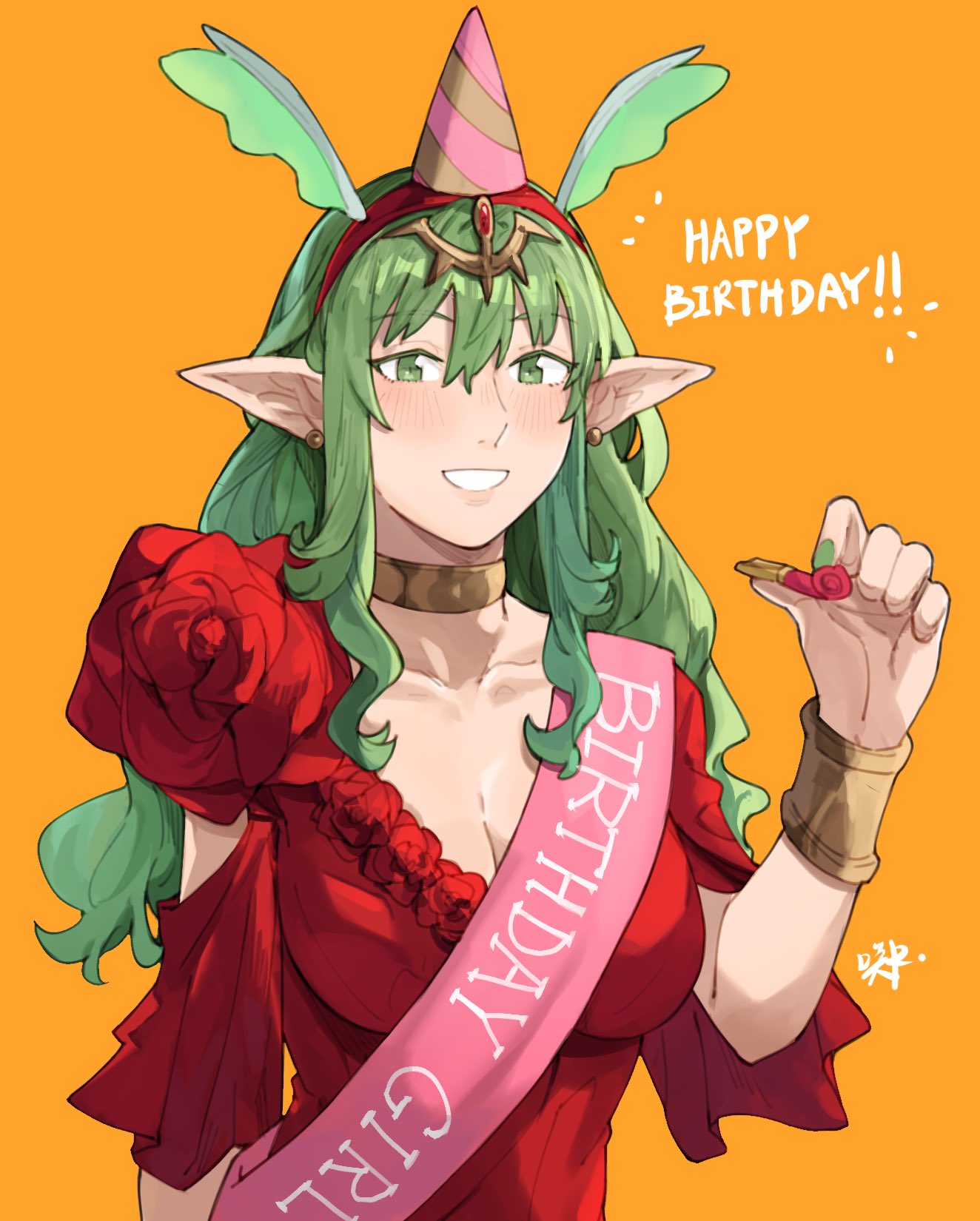 1girl alternate_costume alternate_hairstyle blush bracelet breasts cleavage collarbone commentary dress earrings english_commentary fingernails fire_emblem fire_emblem_awakening green_eyes green_hair green_nails grin hair_between_eyes hair_ornament happy_birthday hat highres jewelry long_hair party_hat pointy_ears red_dress sakuremi short_sleeves signature simple_background smile solo tiki_(fire_emblem) wavy_hair yellow_background