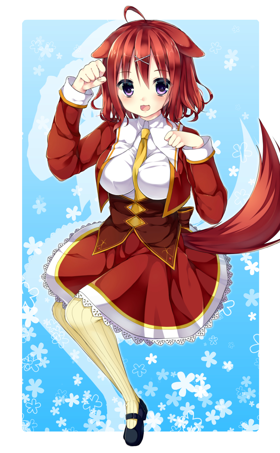 1girl :3 :d ahoge amairo_islenauts animal_ears between_breasts blue_background blush border breasts brown_corset commentary corset cropped_jacket dog_ears dog_girl dog_tail fang frilled_skirt frills full_body hair_between_eyes hair_ornament hands_up happy highres jacket large_breasts long_sleeves looking_at_viewer masaki_gaillard medium_hair necktie necktie_between_breasts okazaki_milte open_clothes open_jacket open_mouth paw_pose purple_eyes red_hair red_jacket red_skirt school_uniform shirt simple_background sitting skirt smile solo striped_clothes striped_thighhighs tail thighhighs vertical-striped_clothes vertical-striped_thighhighs white_border white_shirt x_hair_ornament yellow_necktie yellow_thighhighs